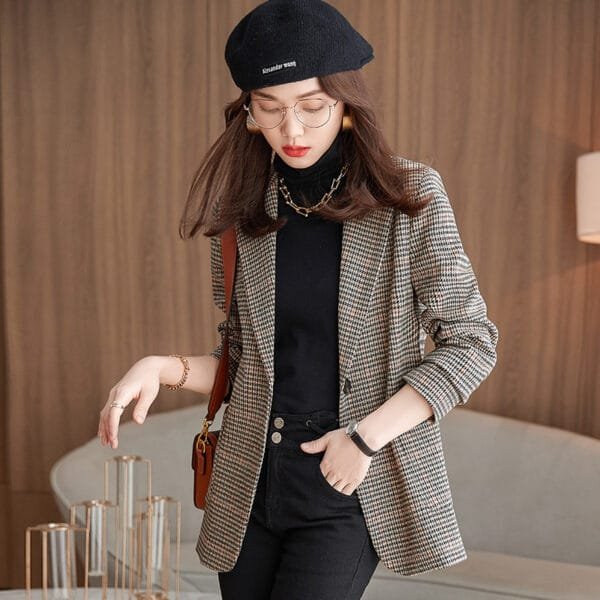 Women's Retro Long-sleeved Houndstooth Suit Jacket - Image 3