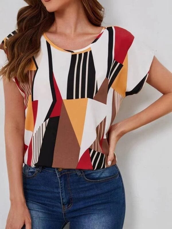 Loose Round Neck Geometric Pattern Printed Short Sleeve - Image 7