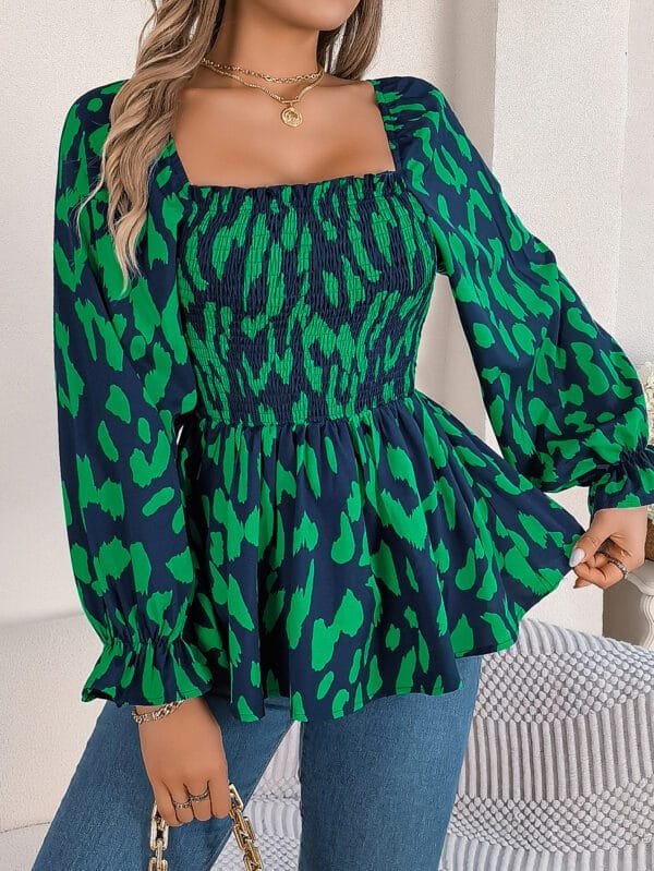 Casual Wooden Ear Square Collar Leopard Print Long Sleeve Chiffon Shirt - Image 2