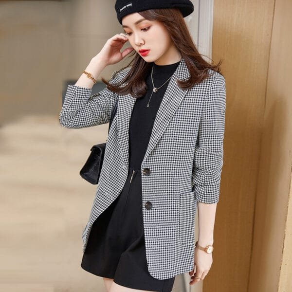 Women's Retro Long-sleeved Houndstooth Suit Jacket - Image 2