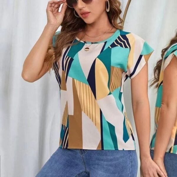 Loose Round Neck Geometric Pattern Printed Short Sleeve - Image 3