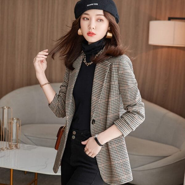 Women's Retro Long-sleeved Houndstooth Suit Jacket - Image 4