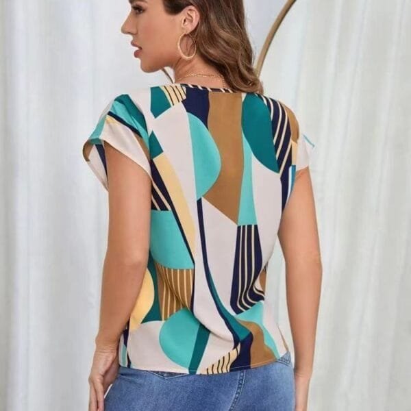 Loose Round Neck Geometric Pattern Printed Short Sleeve - Image 4