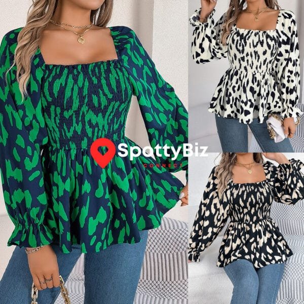 Casual Wooden Ear Square Collar Leopard Print Long Sleeve Chiffon Shirt